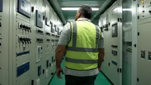 An electrical engineer walking inside some switchgear