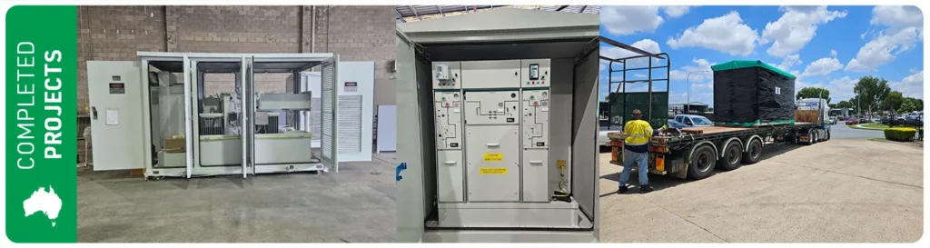 Glenmore Solar Farm substation kiosk, three photos of the kiosk one with all the doors open, one with the switchgear, one on a truck