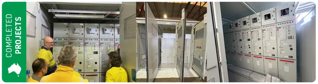 A completed project of TGOOD Australia's, conglomerates three images of electricians standing in front of some switchgear and shots of the kiosk substation