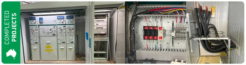 Completed switchger project for Tomago, photos also show the LV board and wiring inside the substation kiosk