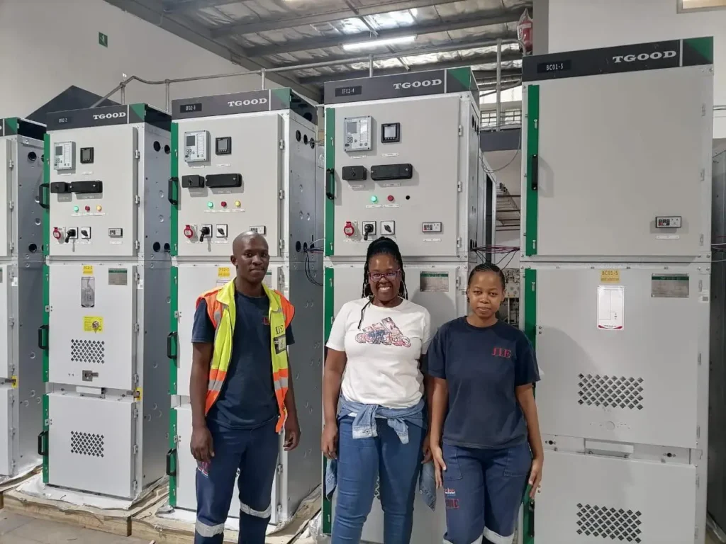 Annastacia Phalane and some of the people who worked on the air insulated switchgear for Andre's Electrical in South Africa