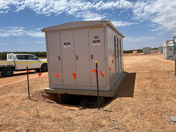 A substation kiosk at a site in Monash, South Australia to power almond farms from a solar farm and provide energy to other businesses in the area