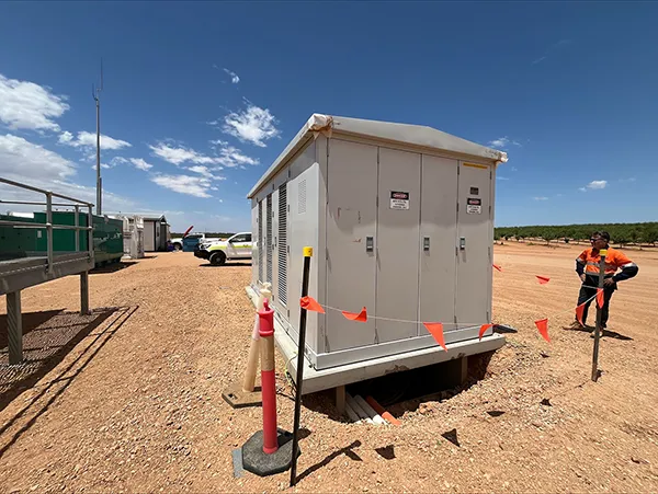 A substation kiosk at a site in Monash, South Australia to power almond farms from a solar farm and provide energy to other businesses in the area