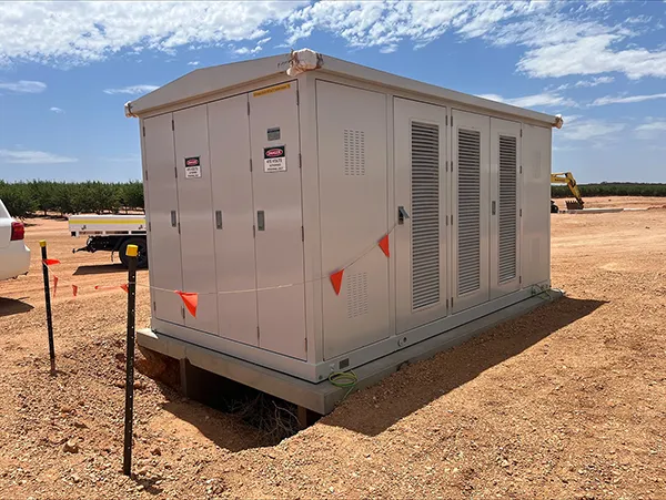 A substation kiosk at a site in Monash, South Australia to power almond farms from a solar farm and provide energy to other businesses in the area